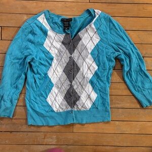 New York & Company Teal and Gray Argyle Sweater